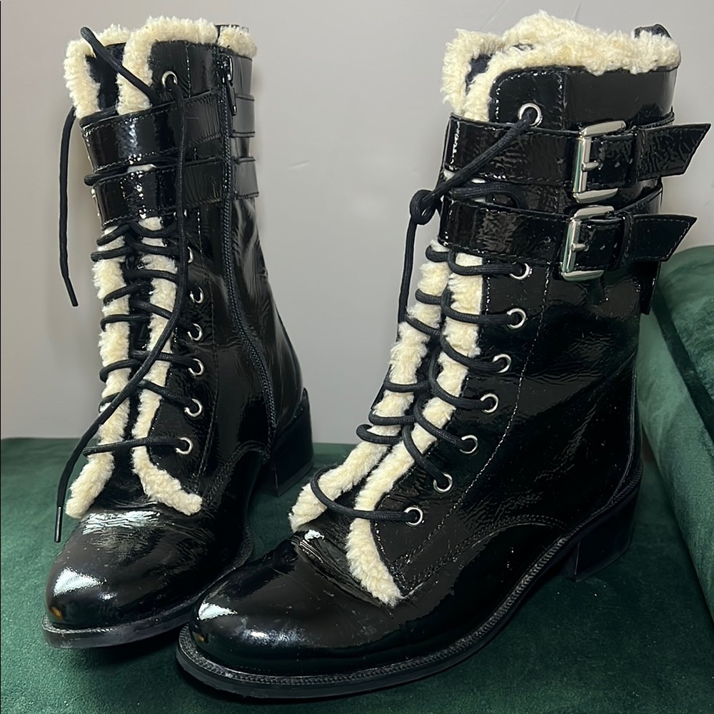 Kurt Geiger Black and Cream Combat Boots with Buckle Straps